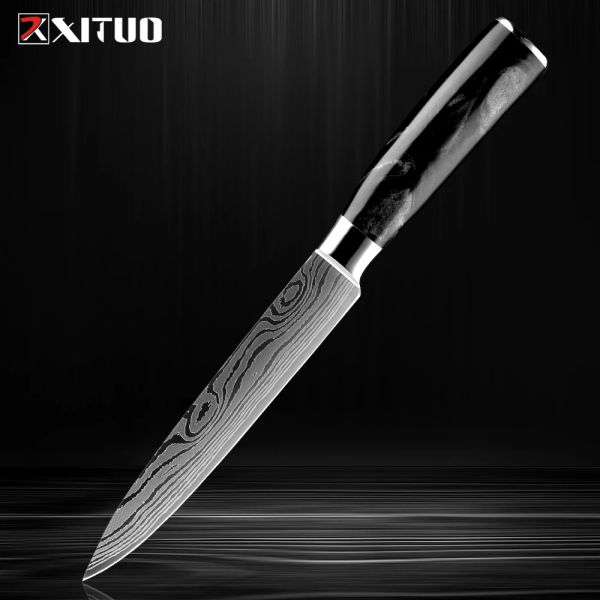Xituo 5 pouces Pariage Couteau de cuisine Couteau utilitaire Damas Modèle Laser Couteau High Carbon Steel Chef Couteau ergonomique Handle de résine
