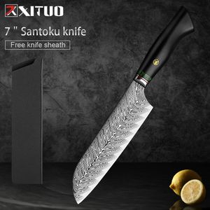 XITUO 7 Inch Damascus Staal Santokumes Snijden Groente Professionele Keuken Japanse Messen Hoge Kwaliteit Zwart Ebbenhouten Handvat