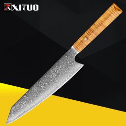 Xituo Damascus Chef Couteau 8 pouces, Pro Damas Super Steel Kitchen Knife, couteau japonais ultra aiguisé avec poignée dorée ergonomique
