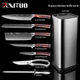 XITUO ensemble de couteaux de cuisine 6-8 pièces ensemble manche en résine rouge Laser motif EAMASCUS Chef LNIFE couperet à pain couteaux à trancher Gift248F