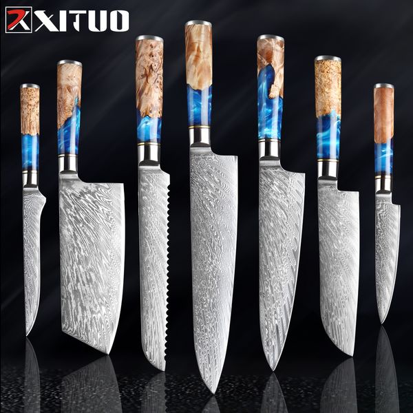 Kituo Kitchen Knives Set Damasco Steel VG10 Chef Knife Cleaver Aparente Cuchillo de pan Cuchillo Azules Azules y Herramienta de cocción de mango de madera en color