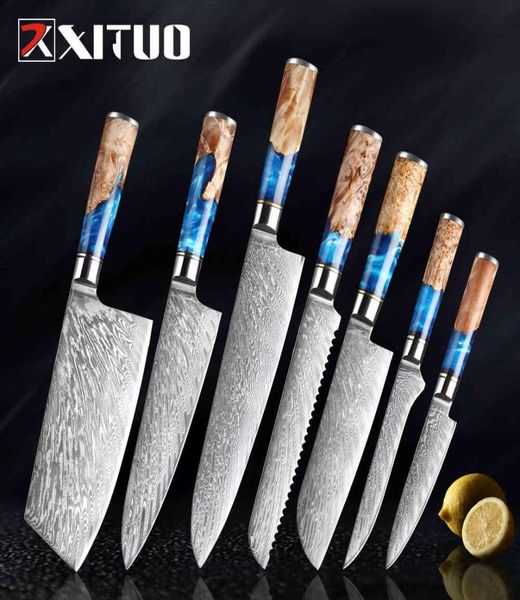 Juego de cuchillos de cocina XITUO, cuchillo de Chef de acero damasco, cuchillo de carnicero, herramienta de cocina para pan, mango de resina azul, 16 piezas, juego 2326507