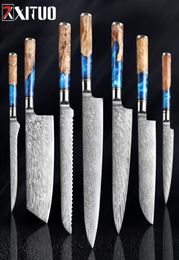 XITUO ensemble de couteaux de cuisine en acier damas VG10, couteau de chef, couperet, couteau à pain, résine bleue et manche en bois de couleur, outil de cuisine 2300580