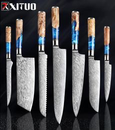 Xituo Keuken Knivesset Damascus staal VG10 Chef Knife Cleaver Paring Brood Knife Blauwe hars en kleur Houtgreep Kookgereedschap7364021