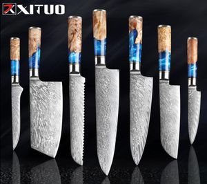 Xituo Kitchen Knivesset Damas acier VG10 Chef couteau à pain au pain couteau bleu résine et couleur manche en bois outil 4059426