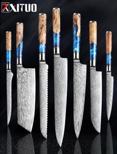 Xituo Keuken Knivesset Damascus staal VG10 Chef Knife Cleaver Paring Brood Knife Blauwe hars en kleur Houtgreep Kookgereedschap3786787