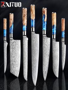 Xituo Kitchen Knivesset Damasco Steel VG10 Chef Knife Cleaver Aparente Cuchillo de pan Blue Resin and Color Wood Many Herramienta 5117790