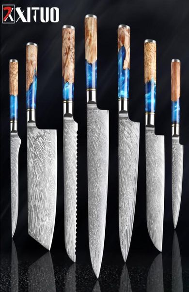 Xituo Kitchen Knivesset Damas acier VG10 Chef couteau à pain au pain couteau bleu résine et couleur manche en bois outil de cuisson 2336649