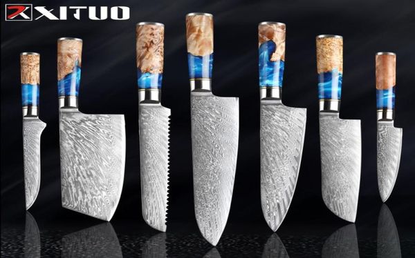 Xituo Kitchen Knivesset Damas acier VG10 Chef couteau à pain au pain couteau bleu résine et coloriage de la poignée en bois Tool de cuisson 7976427