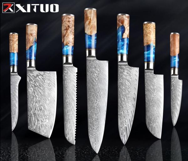 Xituo Kitchen Knivesset Damas acier VG10 Chef couteau à pain au pain couteau bleu résine et couleur manche en bois outil de cuisson 2896608