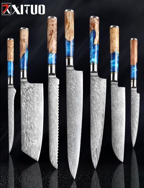 Xituo Kitchen Knivesset Damasco Steel VG10 Chef Knife Cleaver Aparente Cuchillo de pan Blue Resin and Color Many Herramienta de cocción7722178