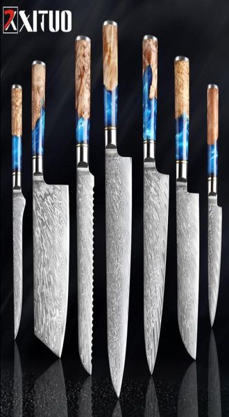 Xituo Kitchen Knivesset Damas acier VG10 Chef couteau à pain à pain couteau bleu résine et coloriage de la poignée en bois 2995420