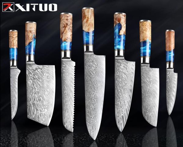 Xituo Kitchen Knivesset Damass Steel VG10 Chef couteau à pain à pain couteau bleu résine et couleur de la poignée de bois de bois 6864759