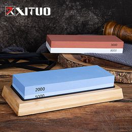 XITUO – pierre à aiguiser les couteaux, Kit de pierres à aiguiser à 2 côtés, affûtage rapide pour damas et couteau de qualité avec Base en bambou antidérapante 247B