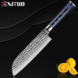 XITUO-cuchillo Santoku con martillo de acero damasco auténtico, cuchillos de Chef forjados, cuchillo de cocina antiadherente, rebanador de verduras, redondo, azul, nuevo