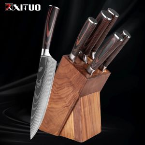 Le jeu de couteau de cuisine xituo sharp 6pcs comprend un couteau de chef, un couteau à pain, un couteau à désosser, un couteau à fruits, un porte-couteau en bois massif