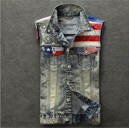 Xiu luo 4xl Fashion Men Denim Vest USA Flag élégant Vintage Patchwork Male Personnalité Slim Blue Punk Cowboy Jacket 2019 New5875446
