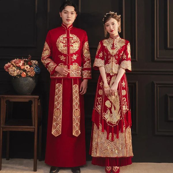 Xiuhe rétro chinois robe de mariée broderie traditionnelle Cheongsam Vintage rouge formel Qipao femmes homme Style Oriental grande taille 240131