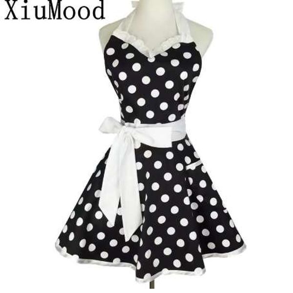 XiuMood Retro lindo Sexy camarero delantal vestido con bolsillo algodón blanco encaje negro lunares cocina Chef delantales de cocina para mujer