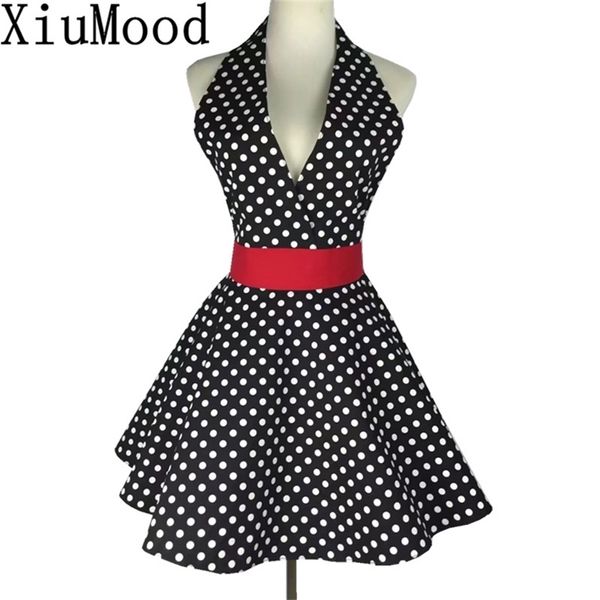 XiuMood Sexy Retro negro Polka Dot babero 100% algodón cocina delantal completo vestido para Wom n camarera regalo 211222