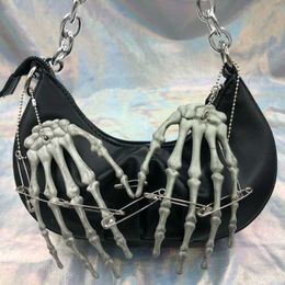 Xiuya Harajuku Gothic Schoudertas Y2K Sweet Cool Meisjes Schedel Knoedel Crossbody Messenger Bag Vrouwen Chain Hand Bone Handtassen