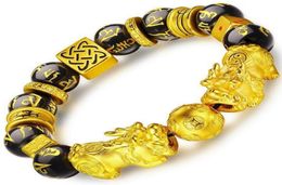XJ001HouHui Feng Shui perle d'obsidienne sculptée à la main Mantra en métal doré Pi Xiu Pi Yao Bracelet 5484712