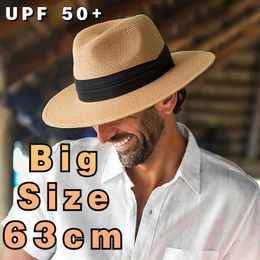 XL Big Head 63cm Zomerstrand geweven zon hoeden Men vrouwen plus size jazz uv UPF 50 Protection Travel Panaman Straw unisex 240511