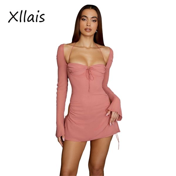 XLLAIS vente en gros article Flare à manches longues robe rose mode col carré Robes de pansement Sexy découpé fête Club Robes 220601