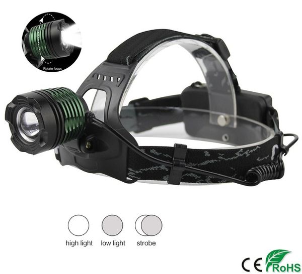 Linterna frontal LED XM-L T6 con zoom, 3 modos, interruptores de luz, faro ajustable para caza, linterna portátil, linterna frontal para pesca, coche