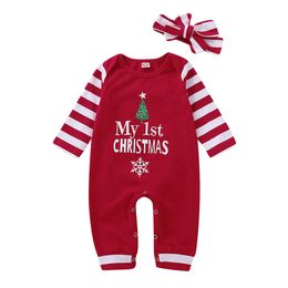 Xmas baby meisjes jongens Gestreepte romper Jumpsuits zuigeling brief af te drukken met hoofdband herfst Kerstmis Boutique kinderen klimmen kleding C5452