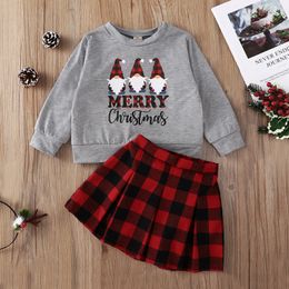 Xmas Baby Meisjes Kleding Sets Lente Herfst Mode Girl Outfits 2 stks Santa Gedrukt Lange Mouw Top + Plaid Rok Set voor Middle Child Suit Kinderkleding