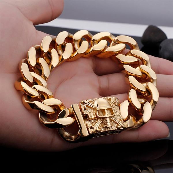 Cadeaux de Noël Bracelet de chaîne pour hommes en acier inoxydable 316L digne Bijoux 158g Énorme lourd cubain Curb LinkSkull squelette Bracelet 23mm 9 279d