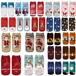 Xmas Halloween Gedrukt Sokken voor Santa Claus Rendier Pompoen 3D Zachte Textuur Korte Boot Sokken Kerstversiering Cartoon Sok Groothandel