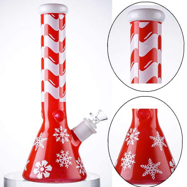 Narguilés De Noël Style De Noël Grand Bécher Bong Rouge Tube Droit Tuyau De Fumer Conduites D'eau De Flocon De Neige 7mm D'épaisseur Bongs En Verre Bol Diffus Downstem En Gros