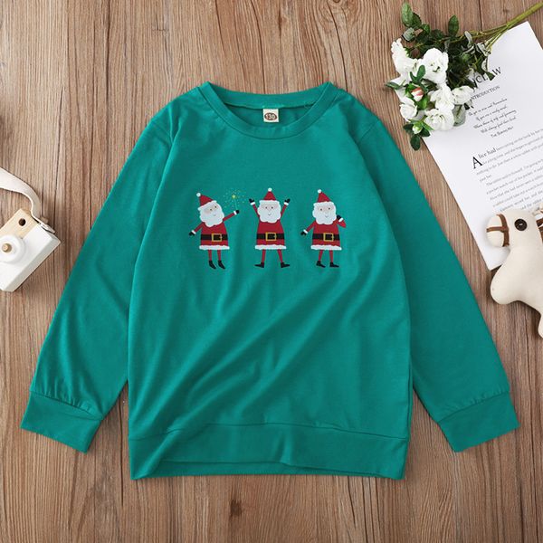 Navidad Ropa para niños Tops Camisetas Bebés Niñas Primavera Otoño Moda Verde Navidad Santa Impreso Cuello circular Manga larga Suéter para niños grandes
