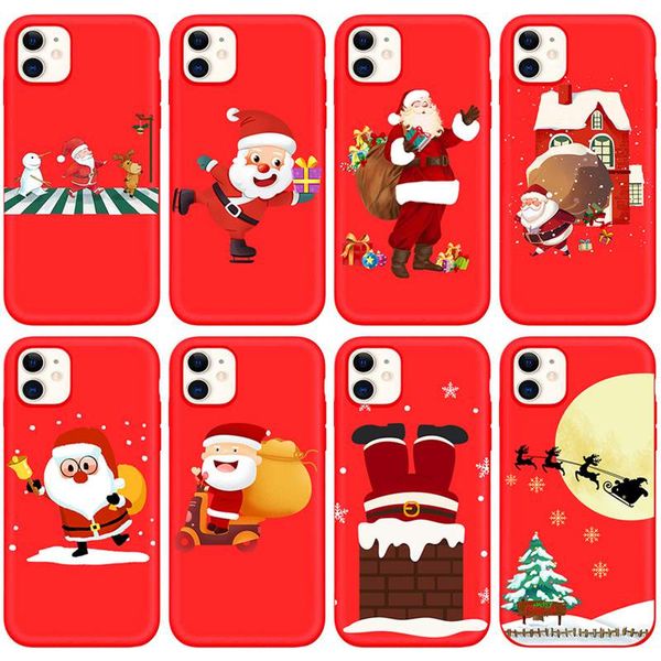 Étuis de Noël Joyeux Noël pour Iphone 15 14 Plus Pro Max 2022 13 12 11 XS MAX XR X 8 7 6 6S Cadeau TPU Souple Père Noël Chapeau Arbre Neige Bonhomme de Neige Rouge Noir Gel Couverture de Téléphone Coque Arrière