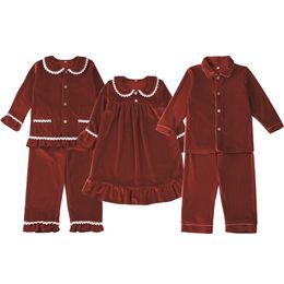 Xmas Pjs Red Velvet Button Up Christmas Pyjama Kinderen Nachtkleding Bijpassende PJ Girls Pijama Sets 211109