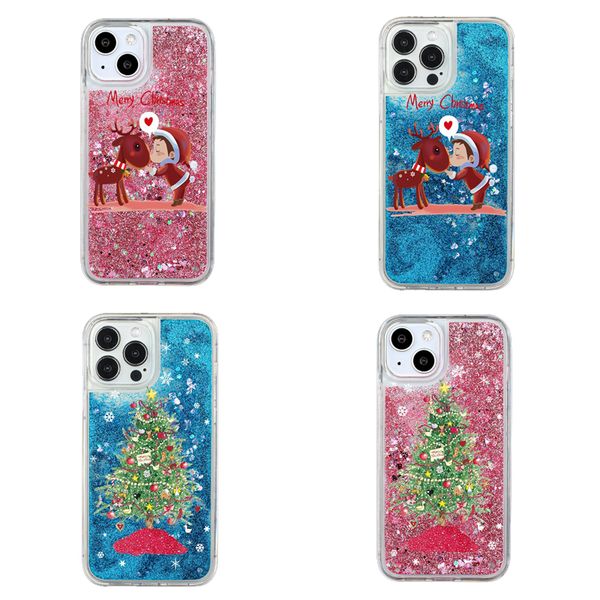 Étuis de sable mouvant de Noël pour iPhone 15 14 Plus 13 12 Pro MAX 11 XS XR X 8 7 6 Père Noël Joyeux Arbre de Noël Cerf de neige Dur PC TPU Liquide Bling Coloré Couverture arrière de téléphone portable