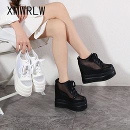 XMWRLW, zapatos de plataforma de malla transpirable para mujer, tacones altos de verano de 15 cm, zapatillas de deporte para mujer, zapatos blancos y negros, zapatillas de deporte de verano 240126