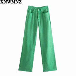 Xnwnmnz moda mujer verano verde denim jeans pantalones pantalones cintura alta dama ancha pierna pantalon alta calidad 211129