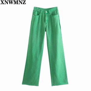 XNWMNZ Mode Femmes Été Vert Denim Jeans Pantalon Pantalon Taille Haute Dame Large Jambe Pantalon de haute qualité 211129