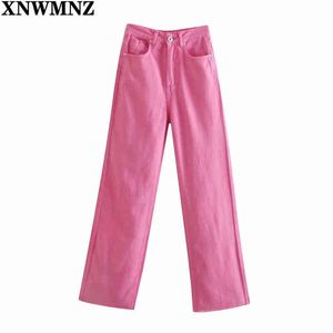XNWMNZ Wome Fashion large jambe rose rouge Jeans Femme Chic taille haute poches bouton zip braguette pleine longueur pantalon Lady pantalon 211129