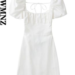 Xnwmnz vrouwen witte mode linnen mix jurk vrouwelijke vierkante nek korte puff mouwen backless crossover riemen voor vrouwen S 220629