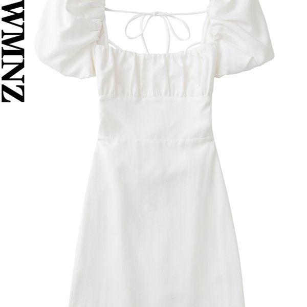 XNWMNZ femmes blanc mode lin mélange robe femme col carré manches courtes bouffantes dos nu bretelles croisées pour les femmes s 220629