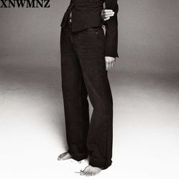 Xnwmnz za vrouwen mode hi-rise wide-poot full length jeans vintage vervaagde naadloze hems hoge taille rits knop denim vrouw 210809