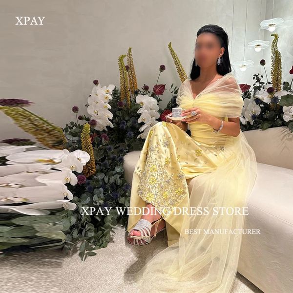 XPAY 2024 jaune clair saoudien arabe femmes robes de bal perles faites à la main doux tulle cape manches cheville longueur soirée robe de soirée 240124