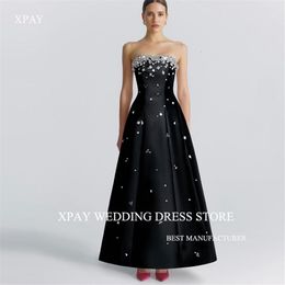 XPAY pierres scintillantes noir robes de soirée dubaï arabe femmes sans bretelles Satin cheville longueur bal robes formelles spécial Ocn 240124