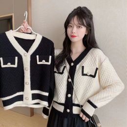 XPQBB Harajuku Contrast Y2K Cárdigan de punto para mujer Cardigan de suéter en V de moda en V para mujer para mujer Cardigan de manga larga 240515