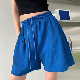 Xpqbb été Shorts décontracté és femmes couleur unie taille élastique jambe large femme bleu vert noir sport ample pantalon court 220622