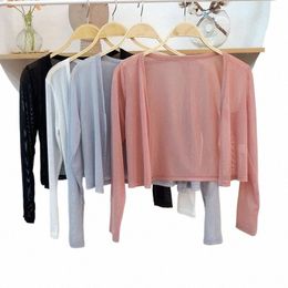 XPQBB Sunscreen Cardigan Women Summer Thin Perspective LG Sleeve Crop Tops Vrouwelijk Simple Casual Basic Solid Ice Silk Cardigans Z5ay#